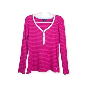 Tommy Hilfiger Pink Metallic Stripe V Neck Henley Sporty Lightweight Sweater L